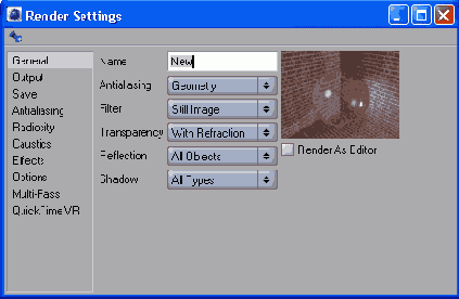 Диалоговое окно Render Settings содержит десять категорий параметров для различных эффектов